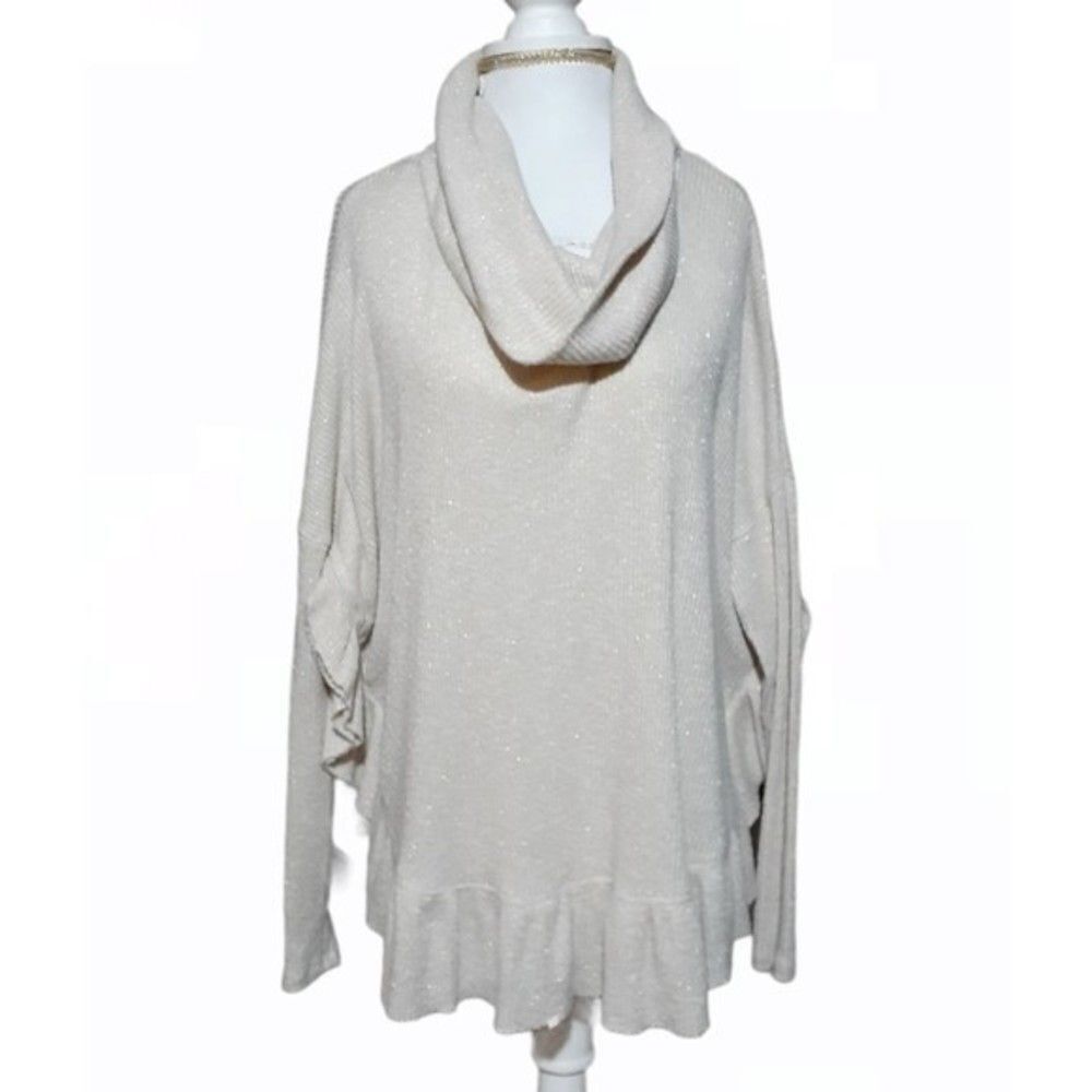 Anthropologie Postcard Womens Ruffle Hem Pullover Sweater Ivory Metallic XS